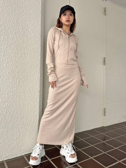 フロントジップリブフーディワンピース フロントジップリブフーディワンピース