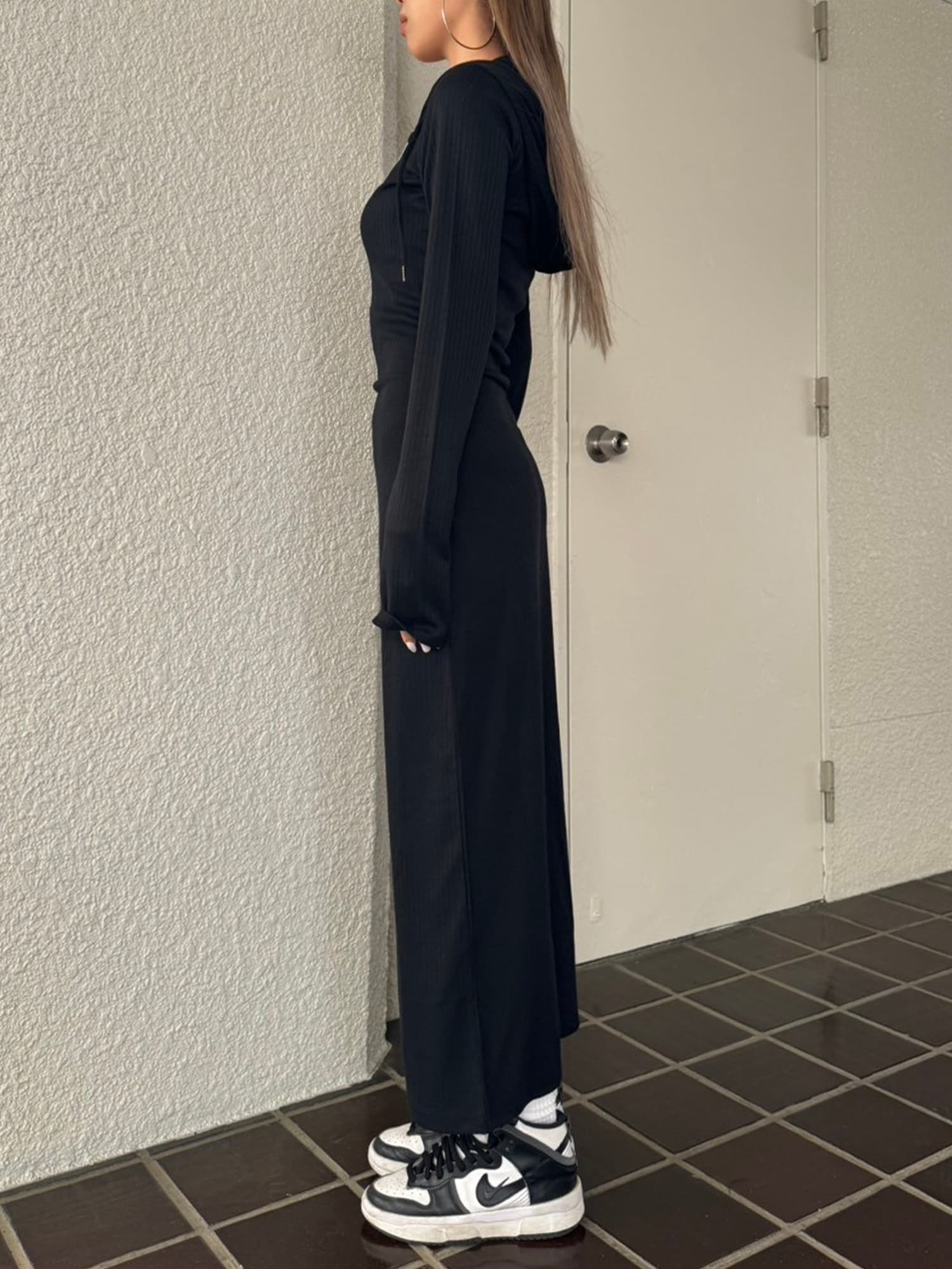 フロントジップリブフーディワンピース