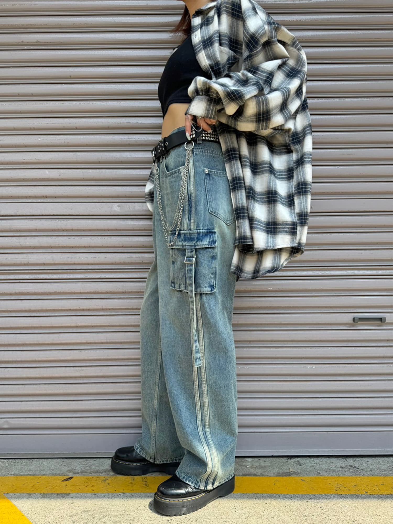 カーゴポケットワイドデニムパンツ