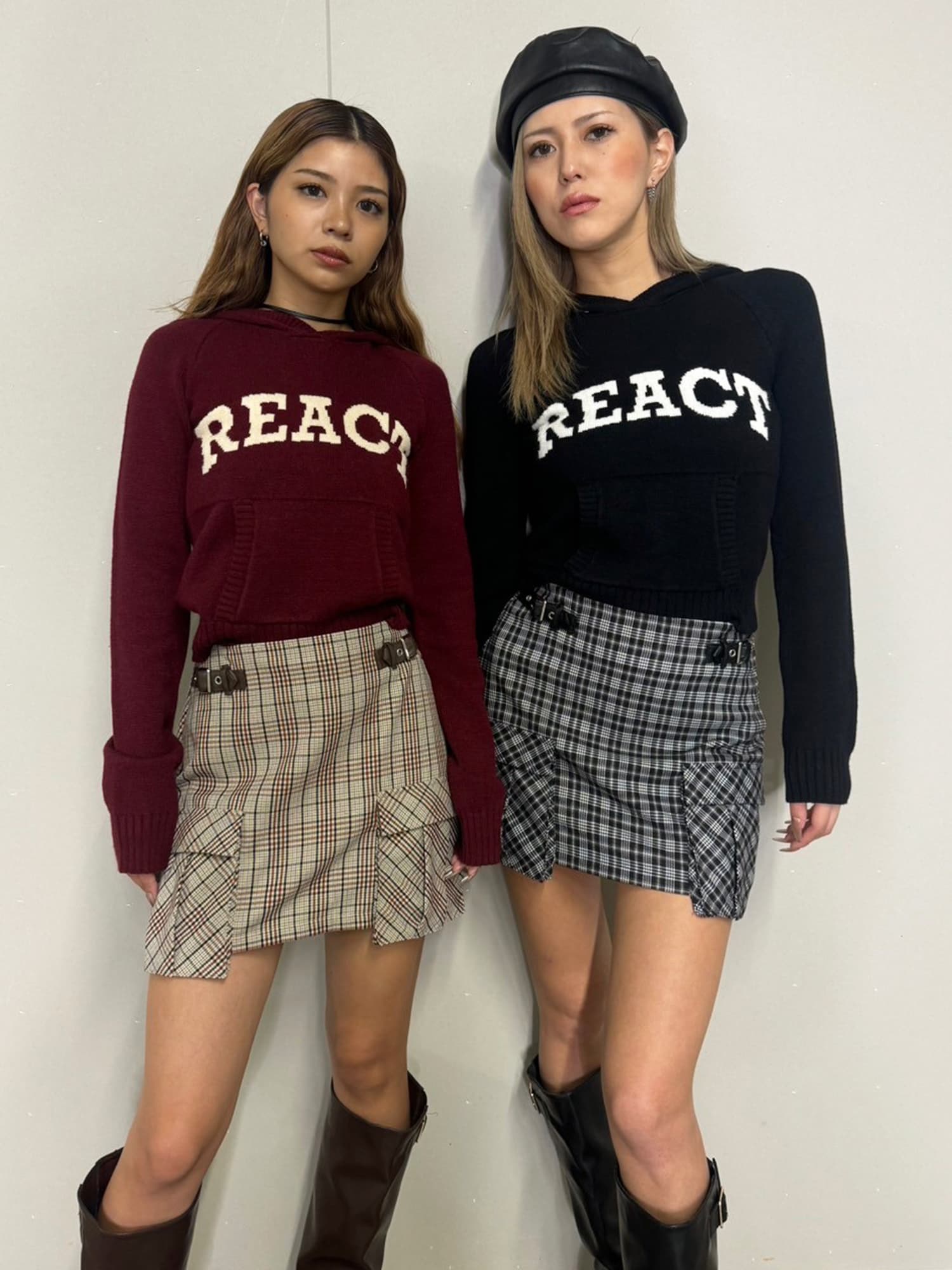 サイドベルトチェック柄スカート–