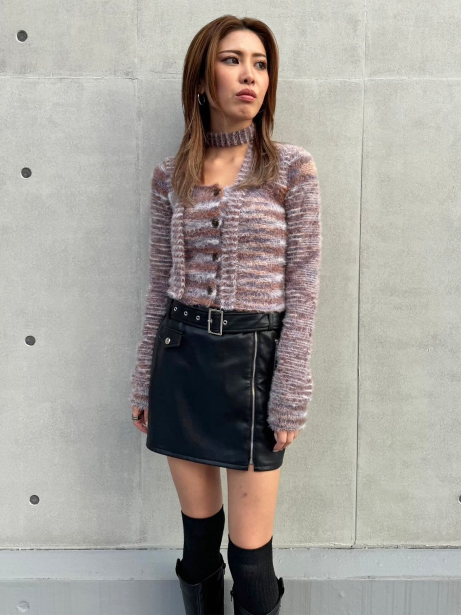 ストール付スクエアネックニットトップス–