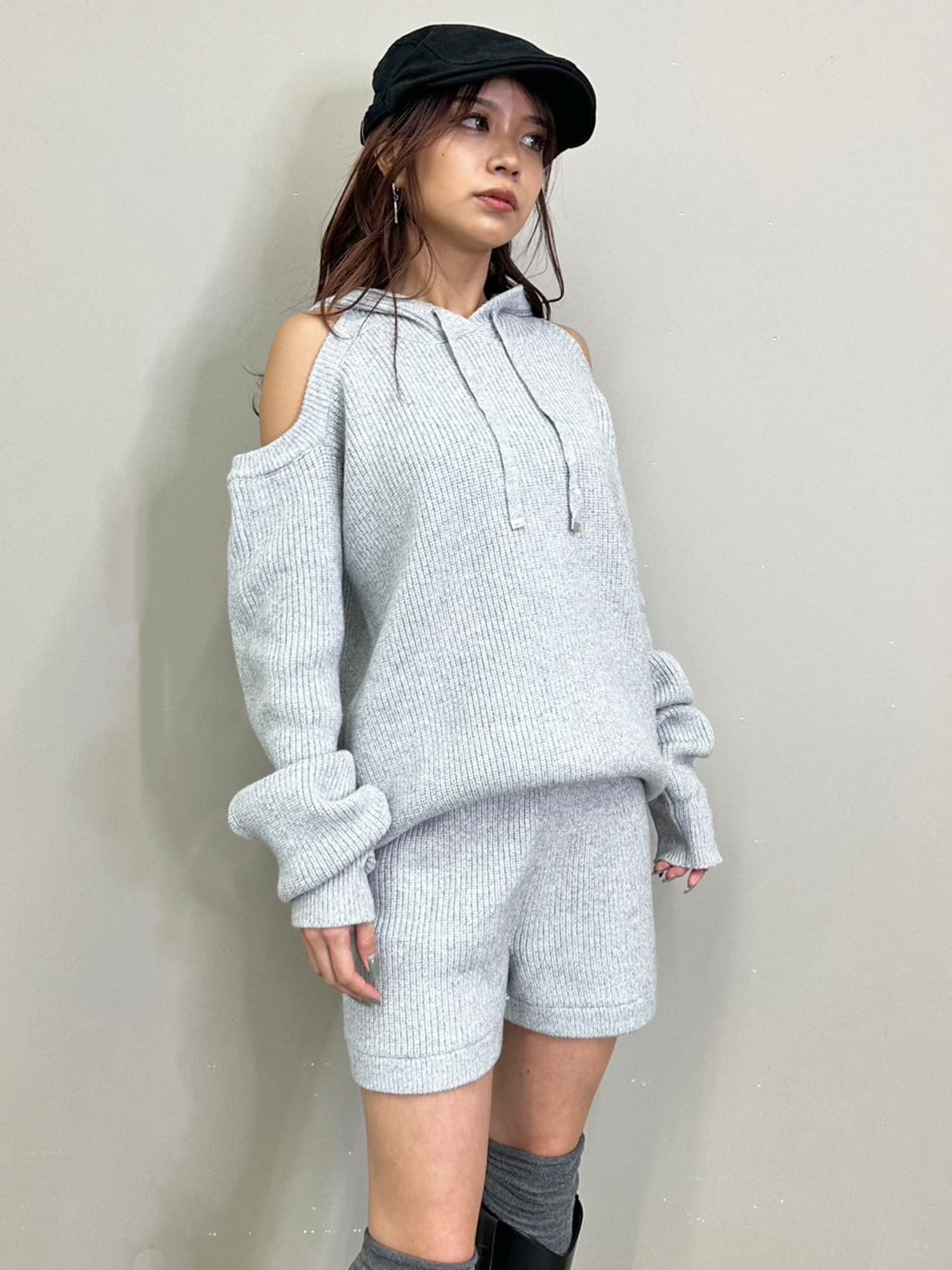 肩あきフード MIX二ットトップ–